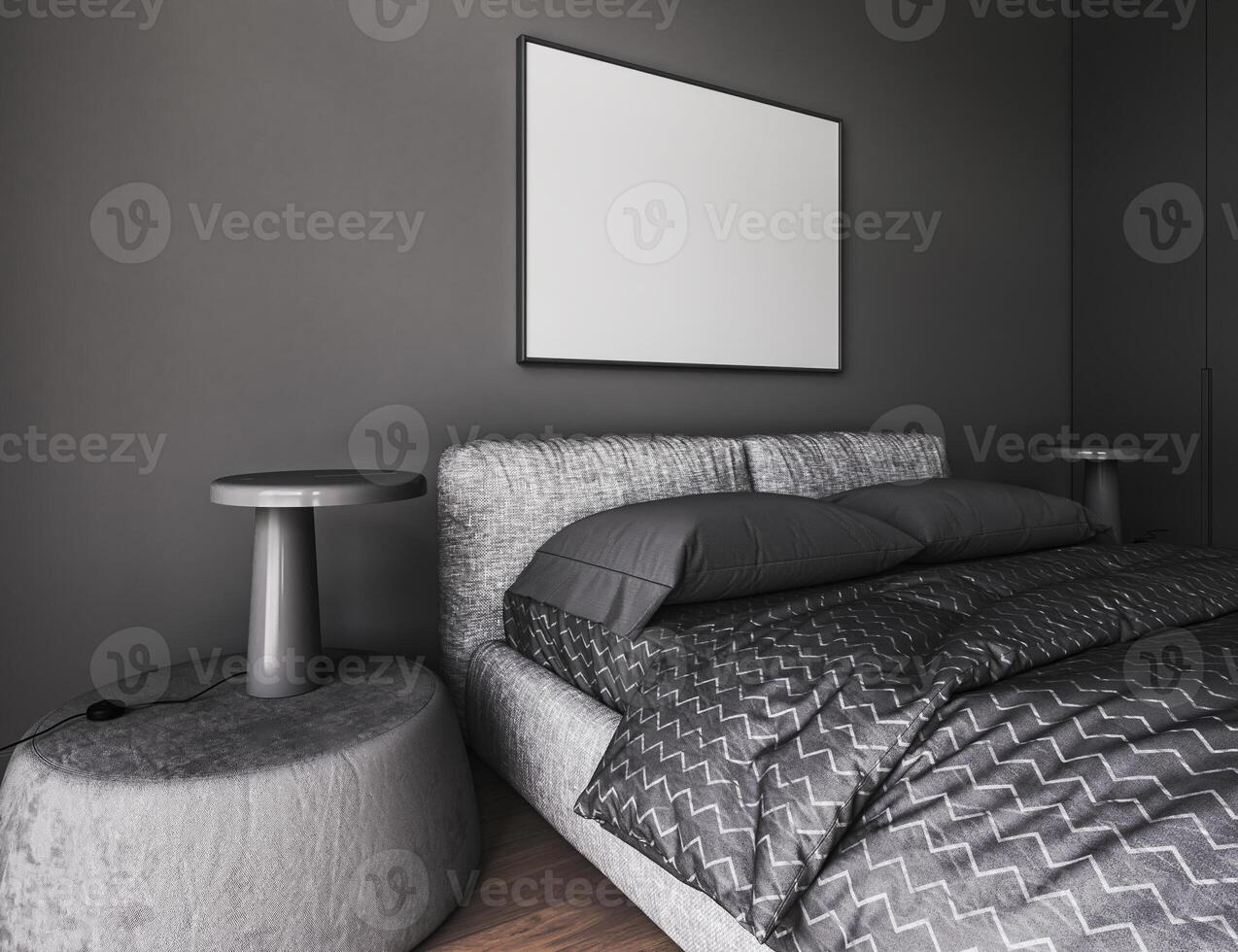 Grey sleeping room. Bed on dark wooden floor. Minimalist design of bedroom with mock up picture frame. 3d rendering no people. High quality 3d illustration photo