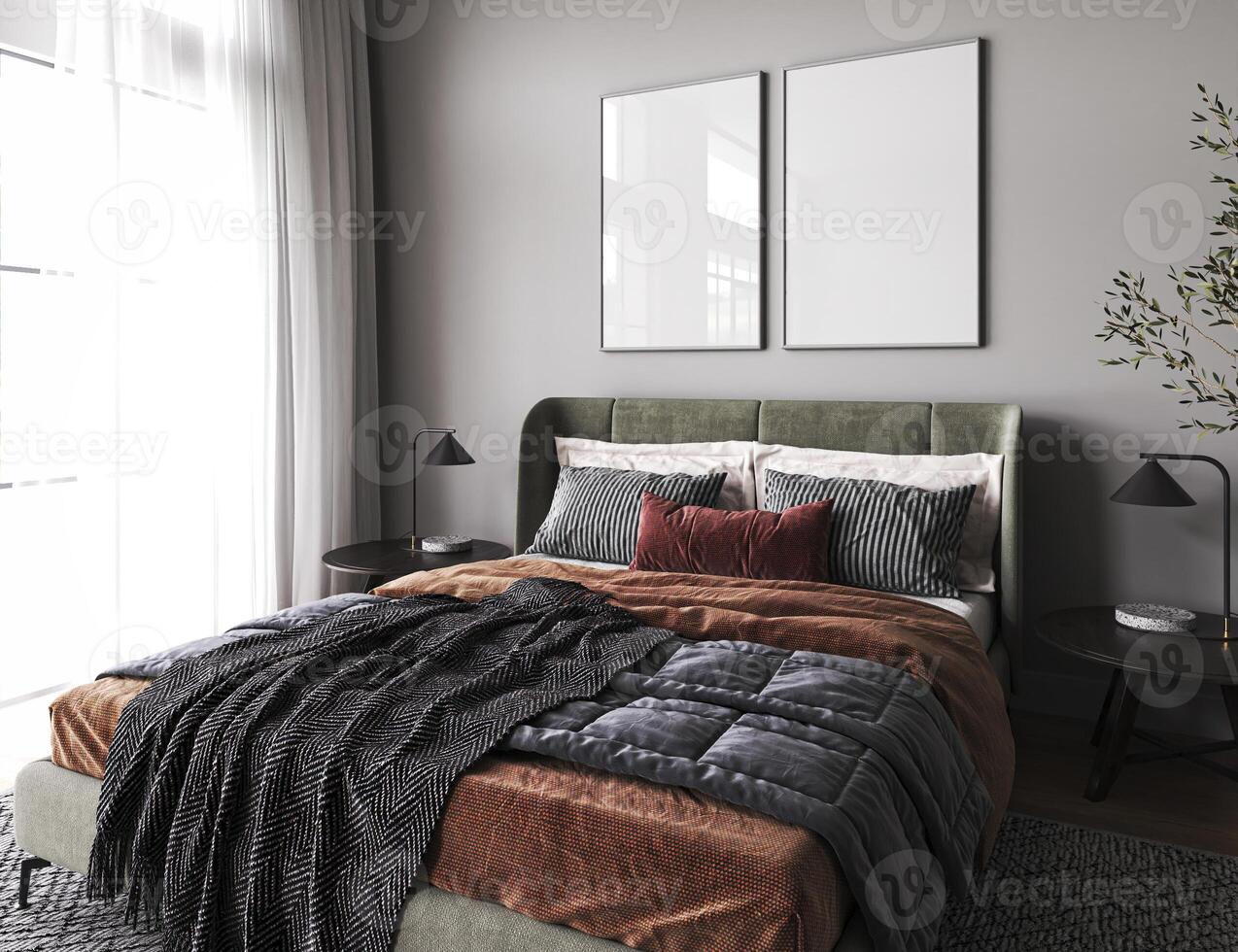 Home interior background. Cozy green with orange bedroom. White mock up frame, natural furniture and black table. Modern boho style. 3d render. High quality 3d illustration photo