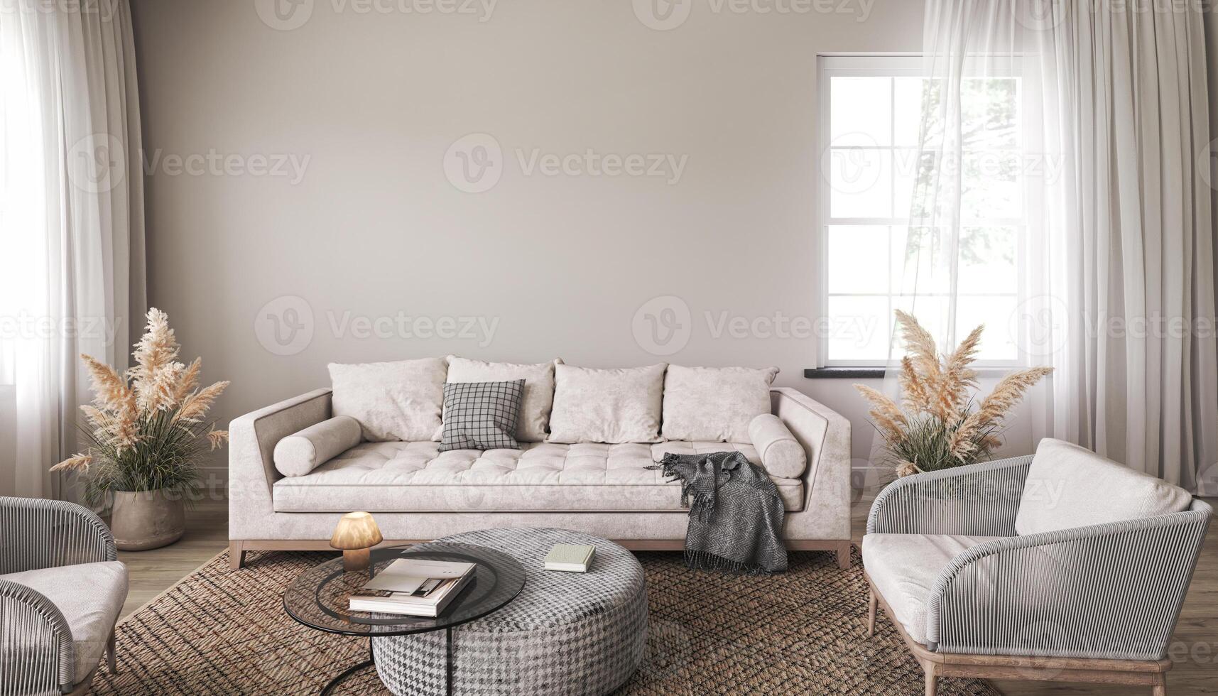 Blank mock up in scandinavian style living room interior. Modern living room interior background. Beige sofa and pampas grass. 3d rendering. High quality 3d illustration photo