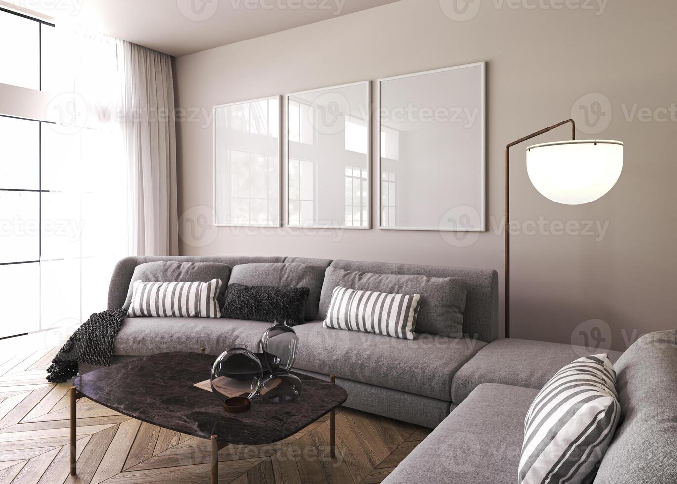 Poster frame mockup in modern home interior background with sofa, table and decor in living room. 3d render. High quality 3d illustration photo