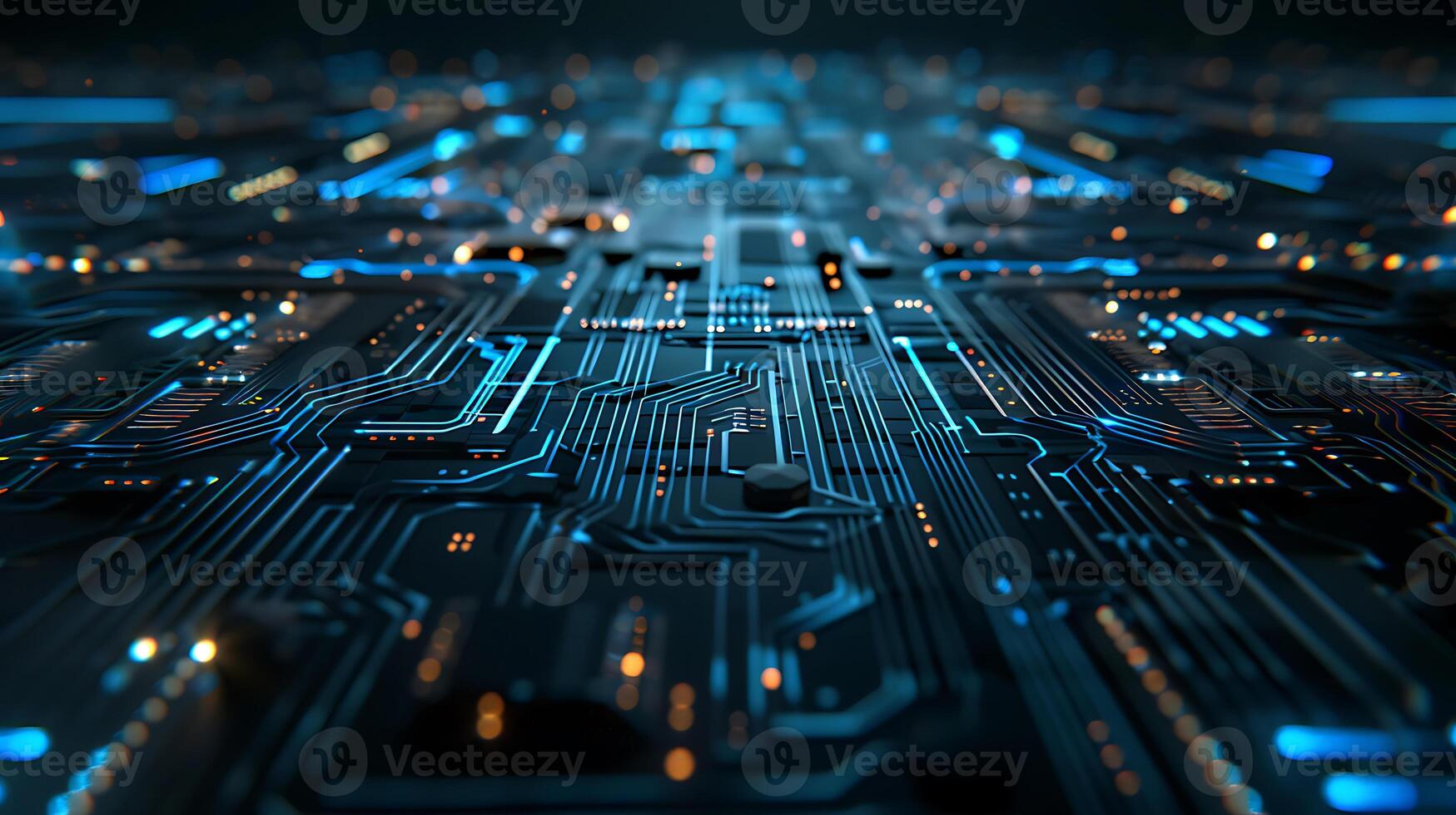 Futuristic processor circuit board. Modern neon blue connecting line background. photo
