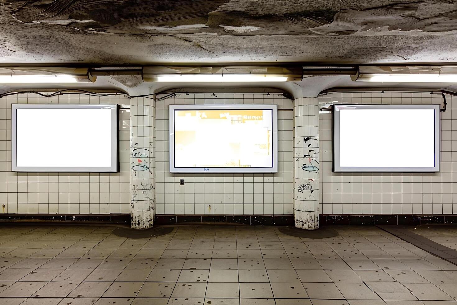 Empty white billboards mockups in the underground or subway station photo