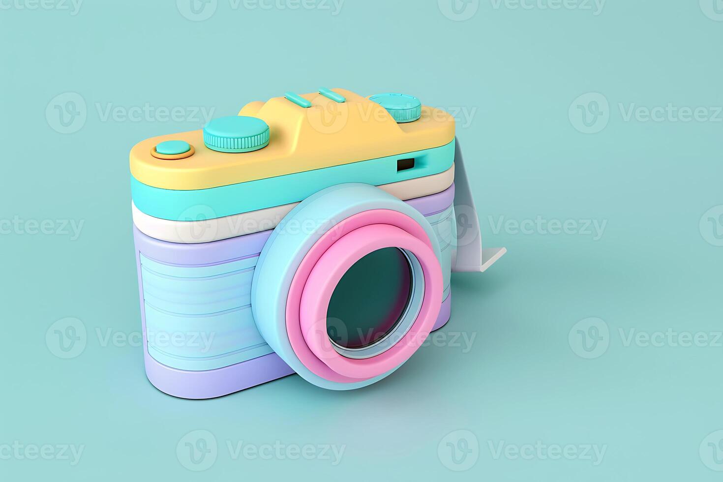 3D multicolored camera icon on pastel color tone with copy space background. photo
