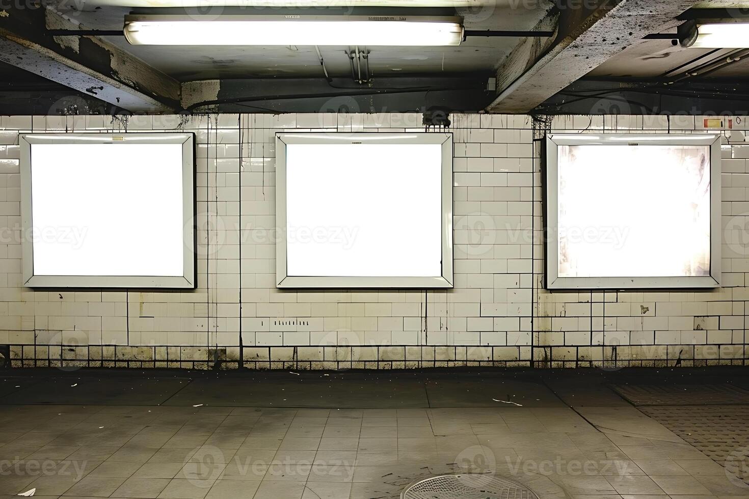 Empty white billboards mockups in the underground or subway station photo