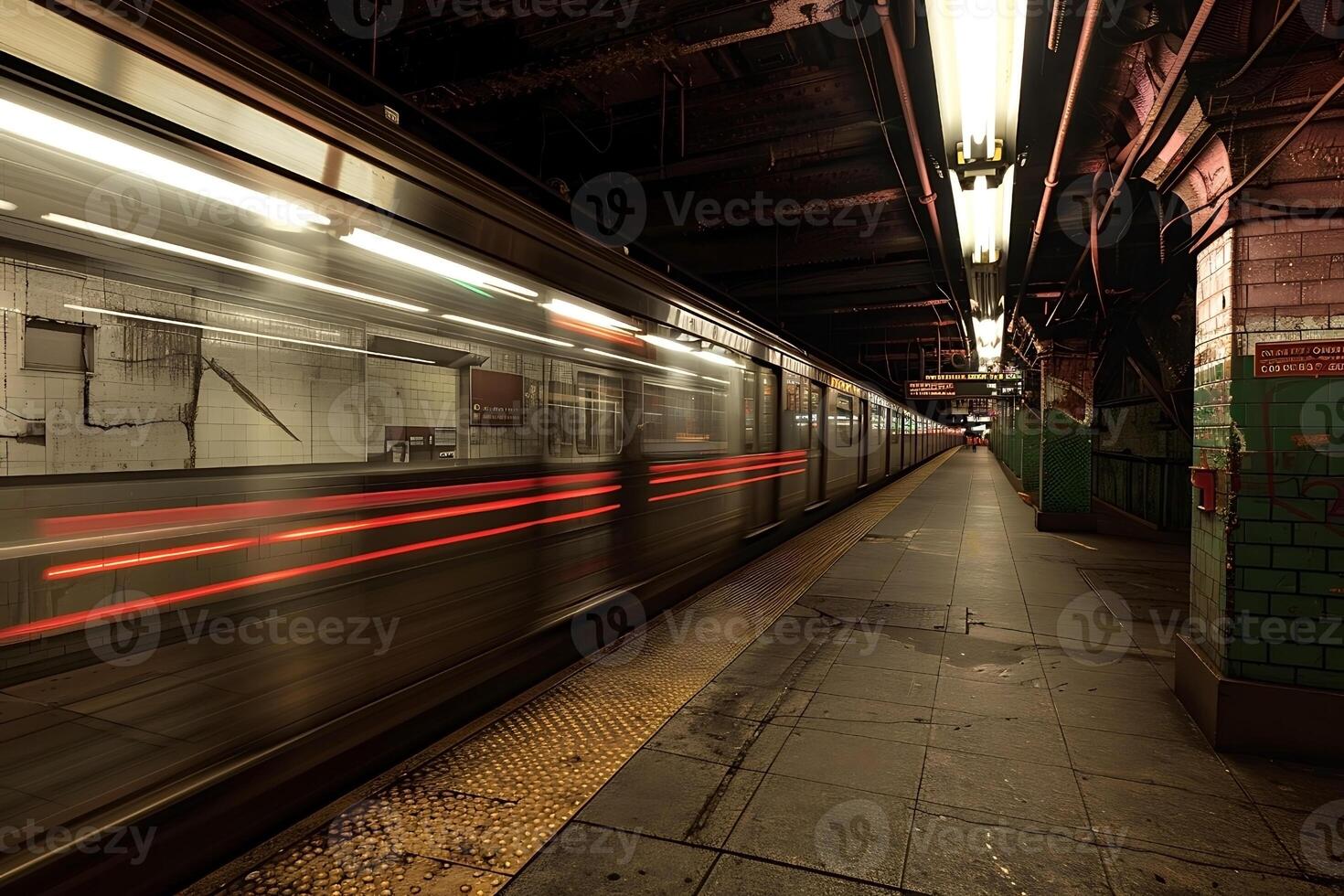Long exposure blurry motion of train passing subway station photo