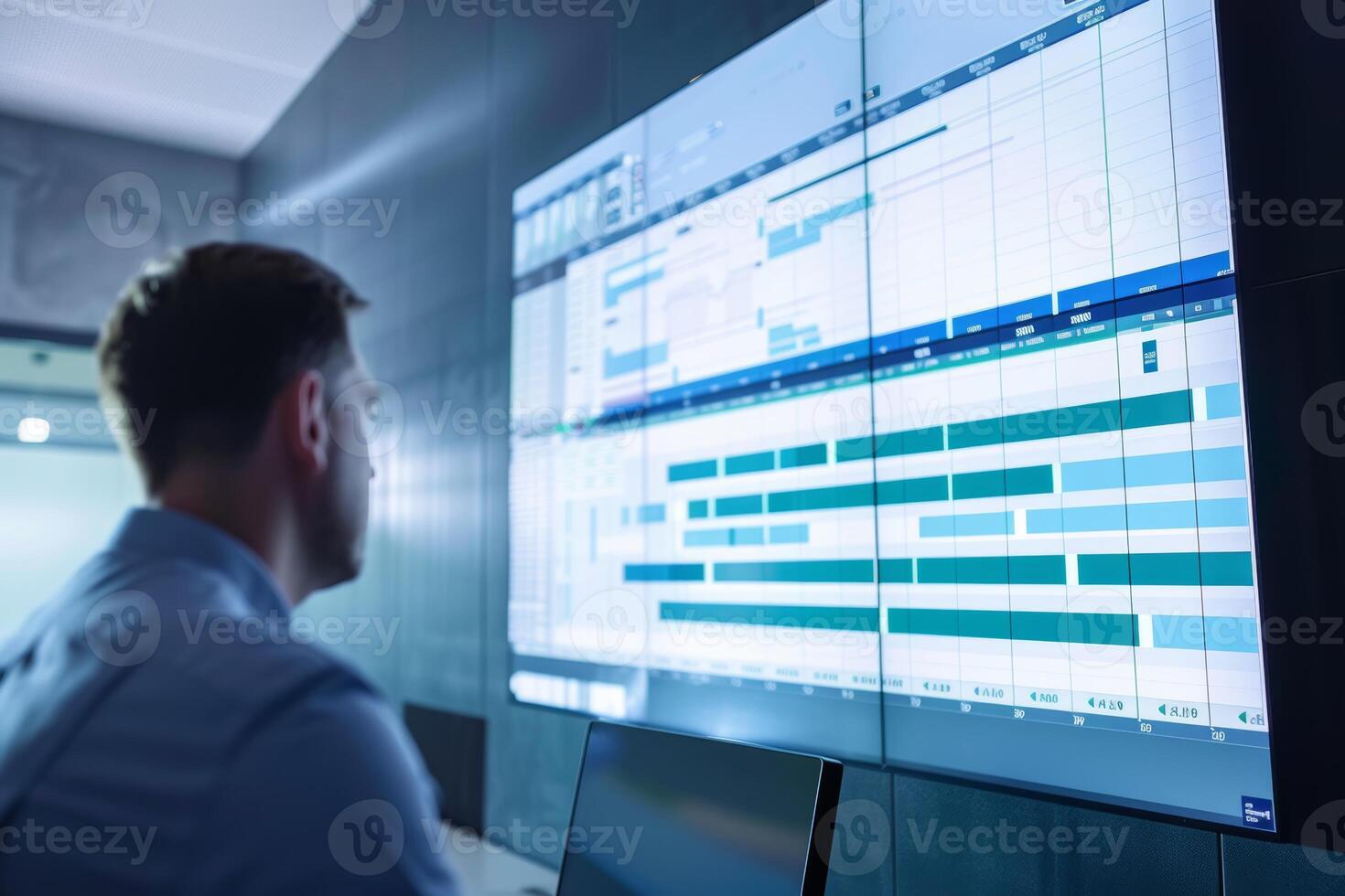 Project Manager Presenting Gantt Chart in Modern Conference Room for Team Collaboration photo