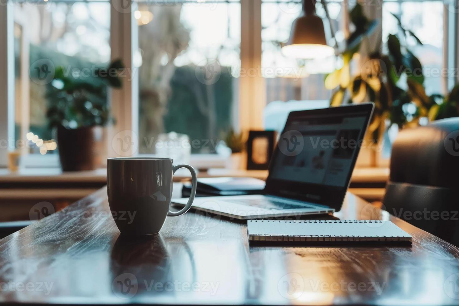 Remote Work Setup Featuring Laptop, Coffee Mug, and Notepad in a Cozy Home Office photo
