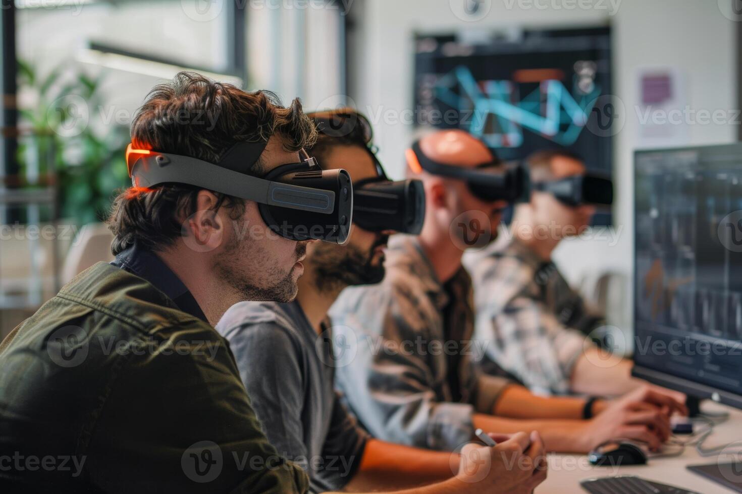 Innovative Team Brainstorming with Virtual Reality Headsets in Futuristic High-Tech Office photo