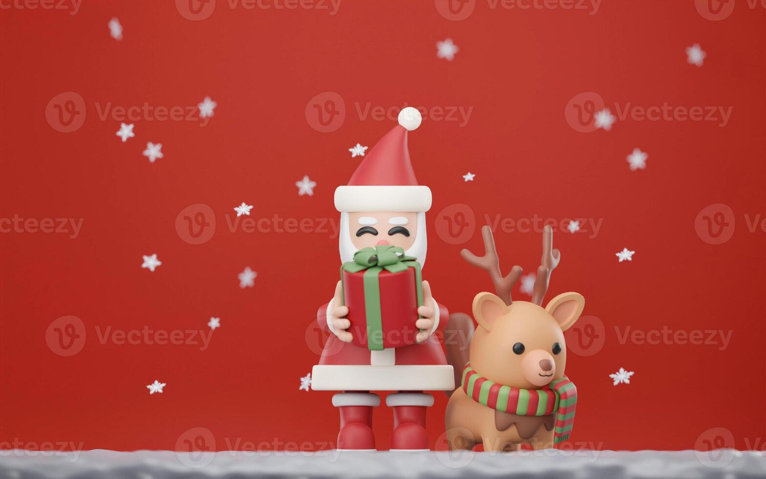 3D Christmas characters. Cute Santa Claus holding gift, reindeer render, New Year winter banner. Merry Christmas and Happy new year concept. photo