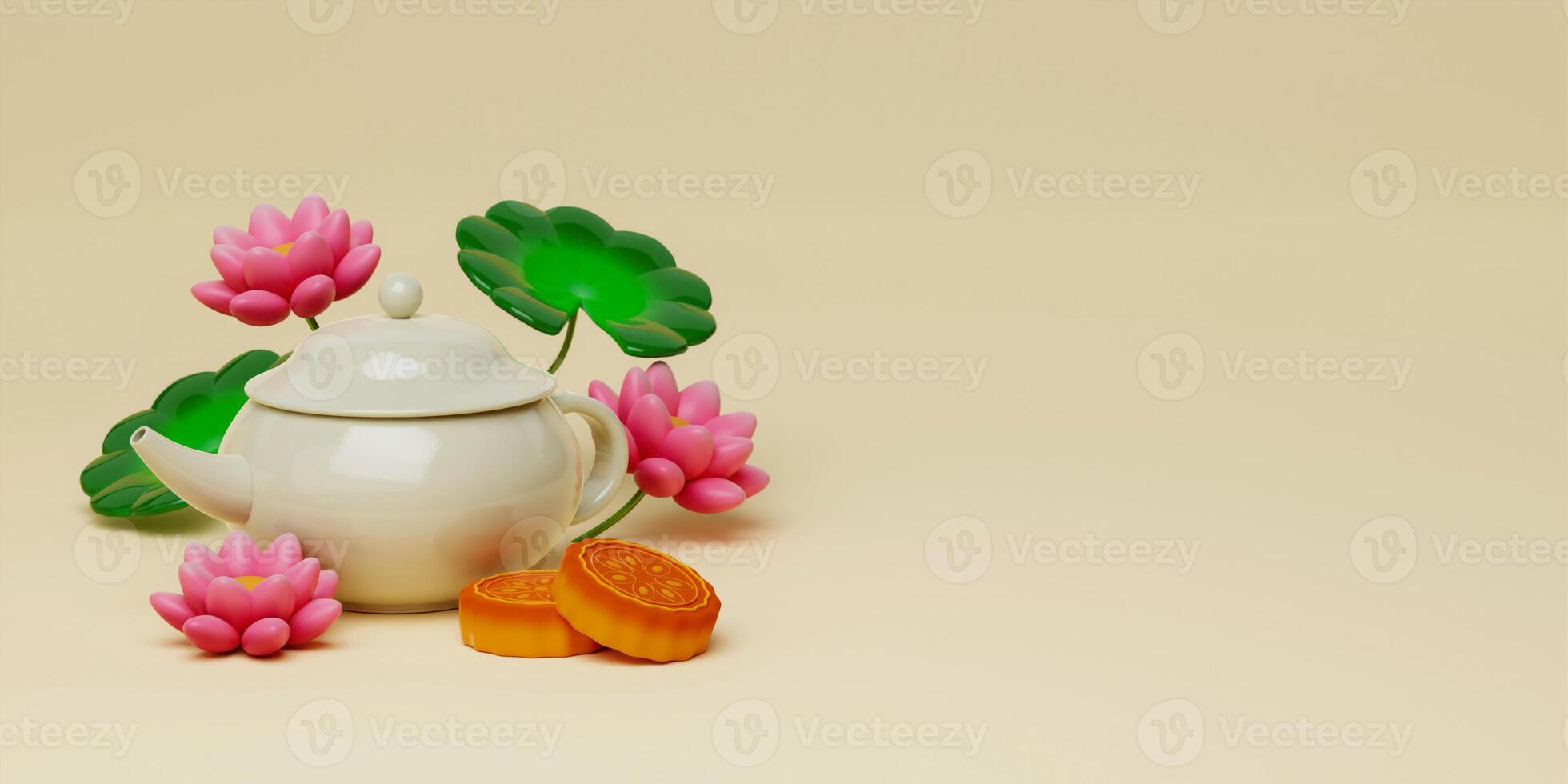 3d cute tea and mooncake with lotus and cloud on yellow background. Chinese palace aside. Translation. Happy mid autumn festival. 3d render photo