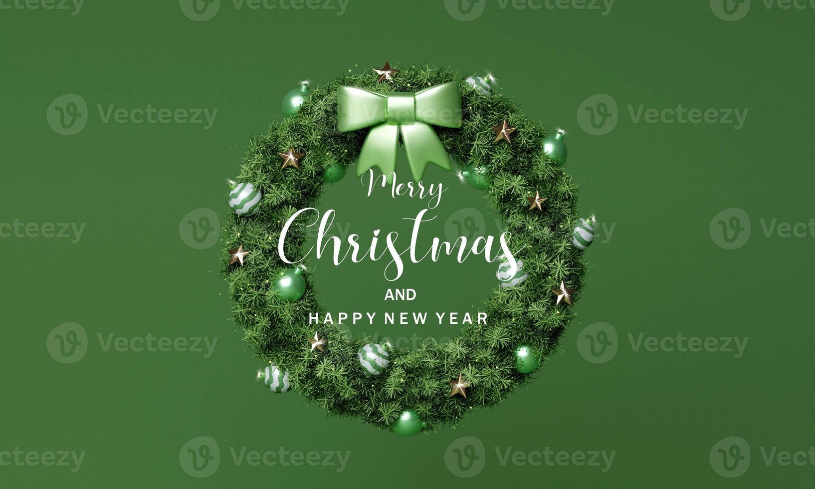 3d Christmas Wreath podium. Realistic 3d design stage podium. Decorative festive elements glass bauble balls. Xmas holiday template podium. photo