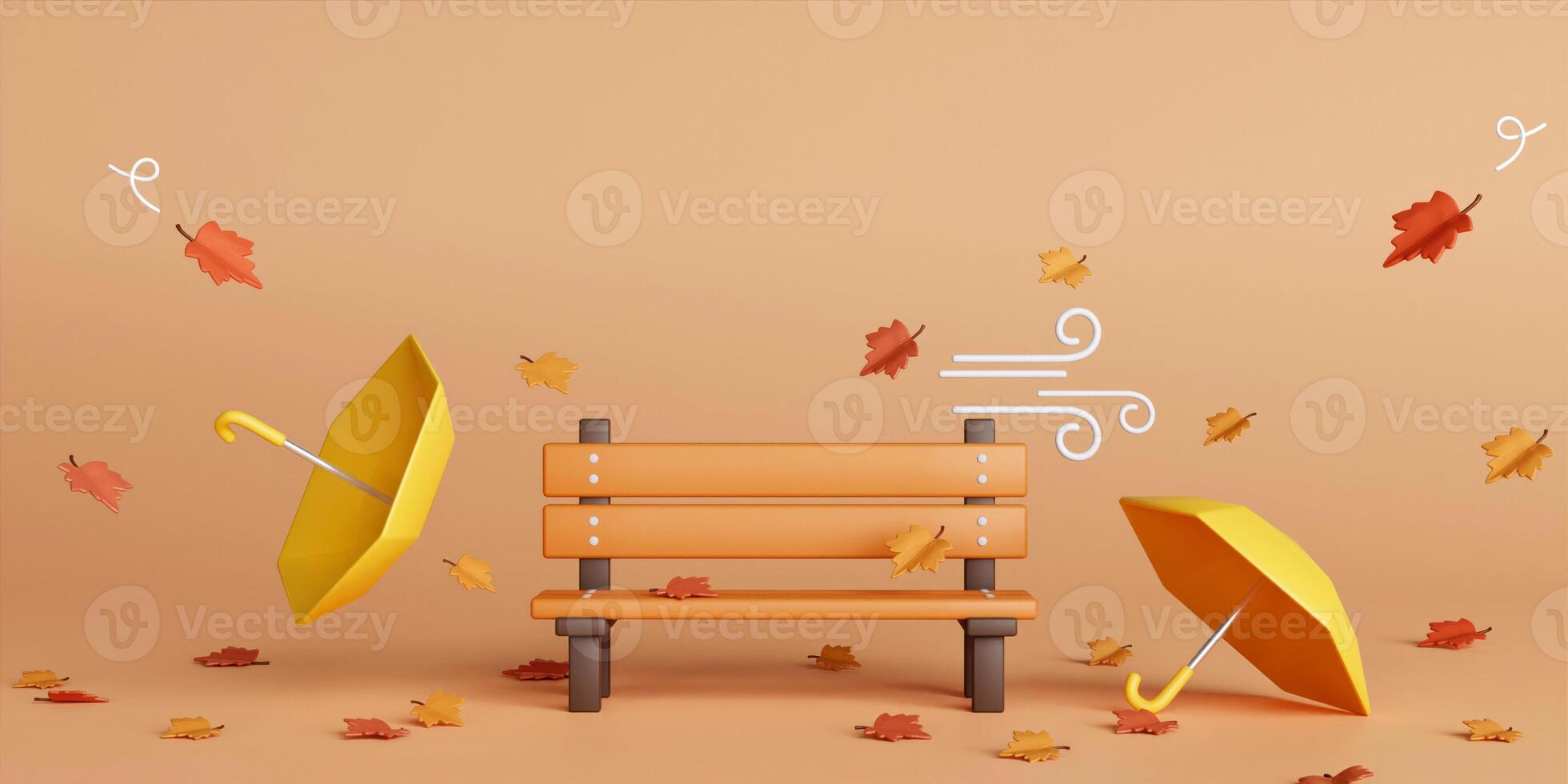 3d Autumn with fallen leaves, bench and umbrella. concept of autumn, winter and outdoors. copy space text, 3D rendering photo