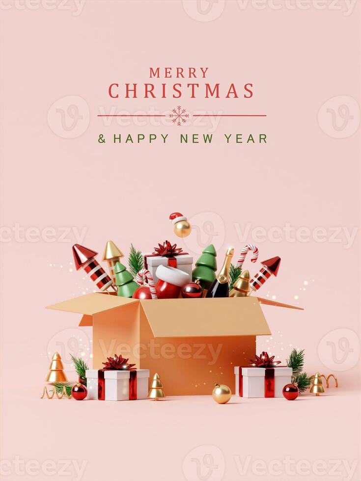 3d Christmas Abstract wallpaper. Realistic . Decorative festive elements glass bauble balls. Xmas holiday template podium. photo
