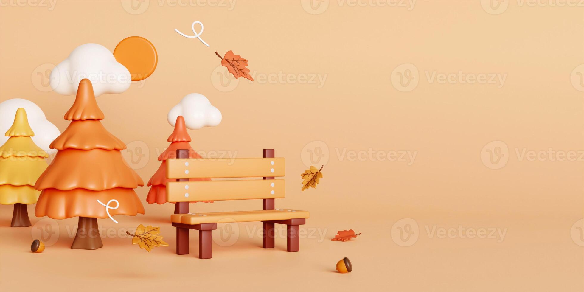 3d Autumn with fallen leaves, bench and pine tree. concept of autumn, winter and outdoors. copy space text, 3D rendering photo