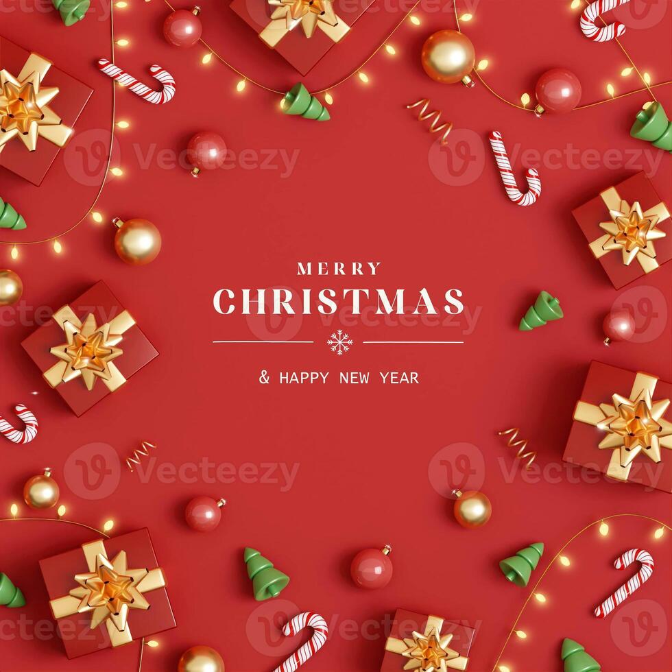 Christmas with decoration ornaments elements on red background. Realistic 3d design. Bright Christmas and New Year background light garlands, gold confetti. 3D illustration photo