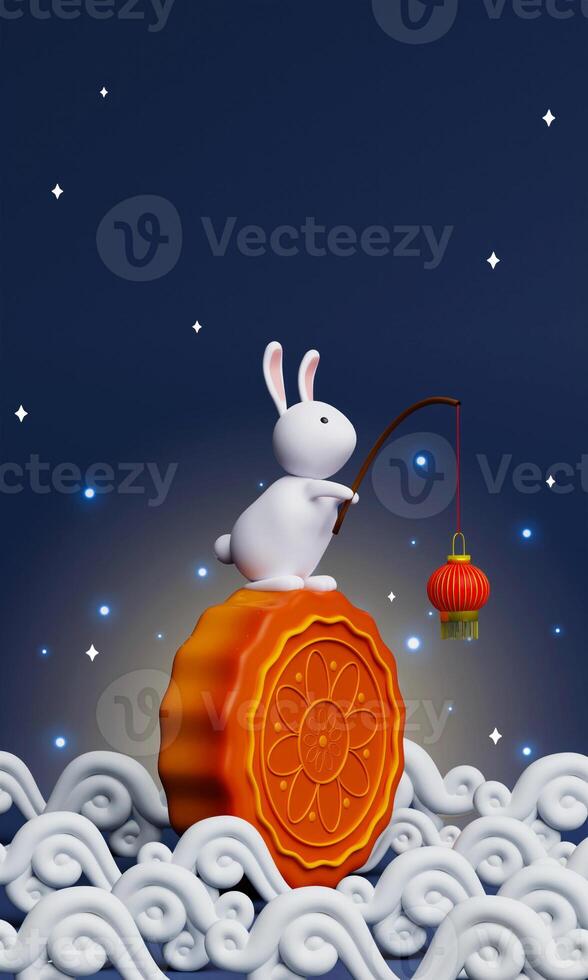 3d Rabbit holding lanterns on baked mooncake on night background. Chinese palace aside. Translation. Happy mid autumn festival. 3d render photo