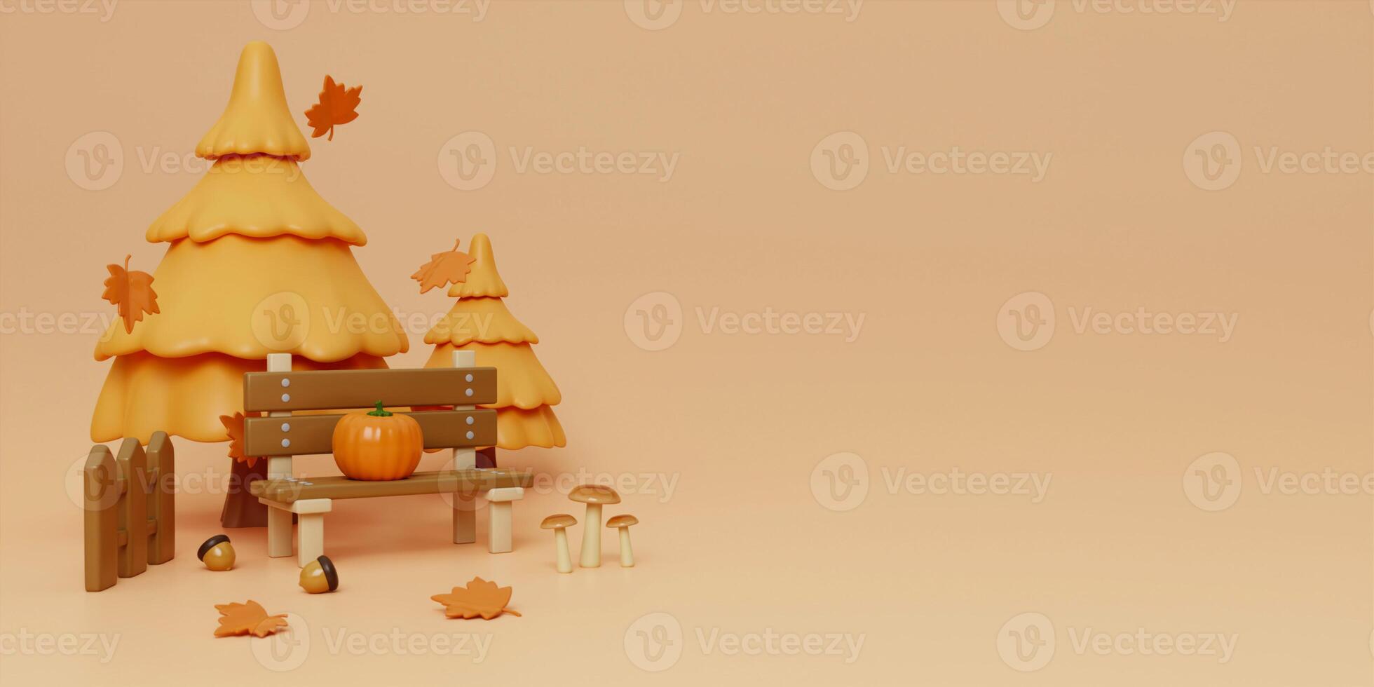 3d Autumn with fallen leaves, bench and pine tree. concept of autumn, winter and outdoors. copy space text, 3D rendering photo