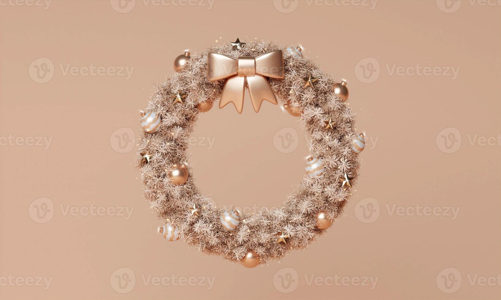 3d Christmas The Christmas Wreath template design. Merry Christmas text with gold deer and pine tree elements for xmas mock up presentation background. photo