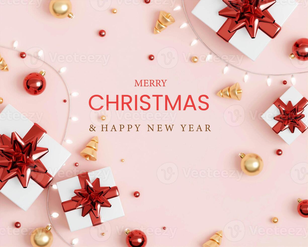 Christmas banner. Background Xmas design of sparkling lights garland, with realistic gifts box, glitter gold confetti. Horizontal New Year poster, greeting card, header, website. 3d render photo