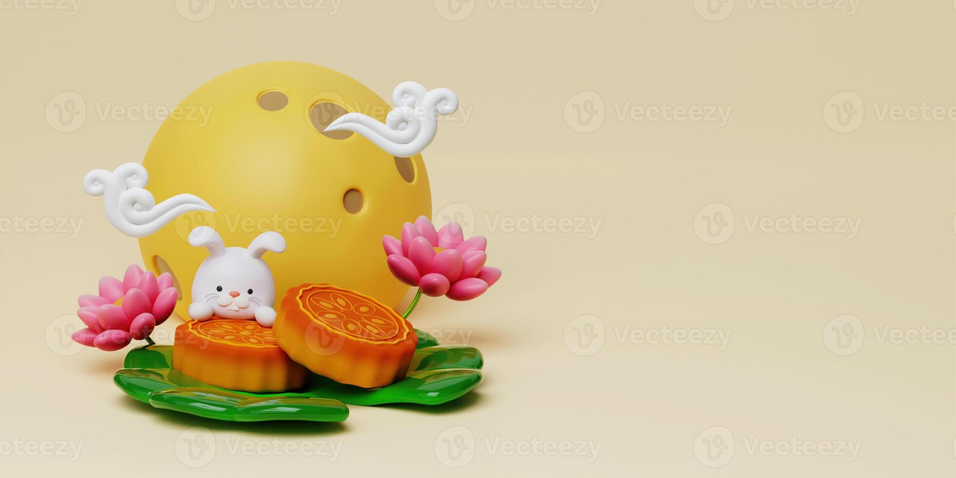 3d cute rabbits on baked mooncake with lotus and full moon on yellow background. Chinese palace aside. Translation. Happy mid autumn festival. 3d render photo
