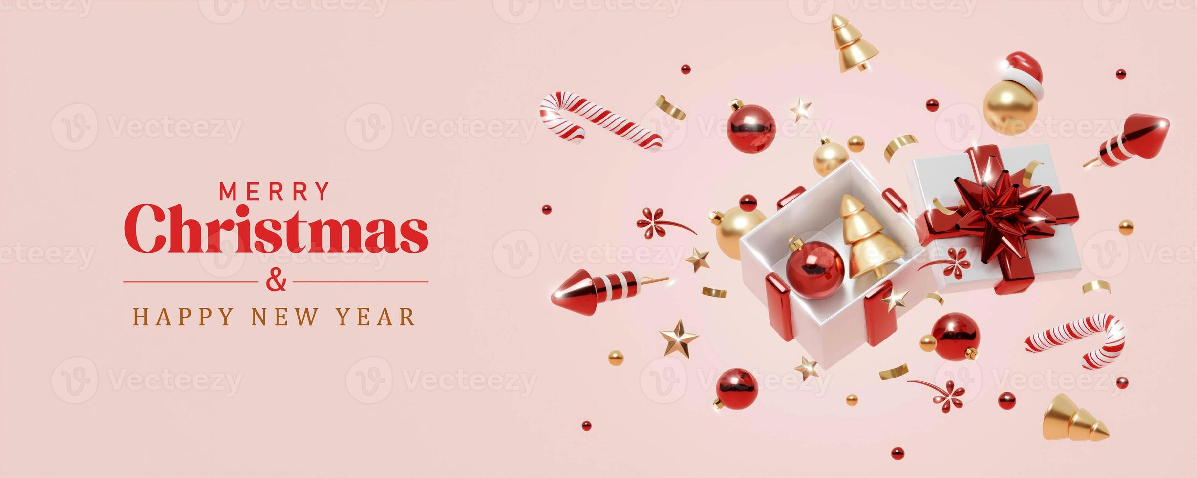 Christmas banner. Background Xmas design of sparkling lights garland, with realistic glitter gold confetti. square New Year poster, greeting card, header, website. 3d render photo