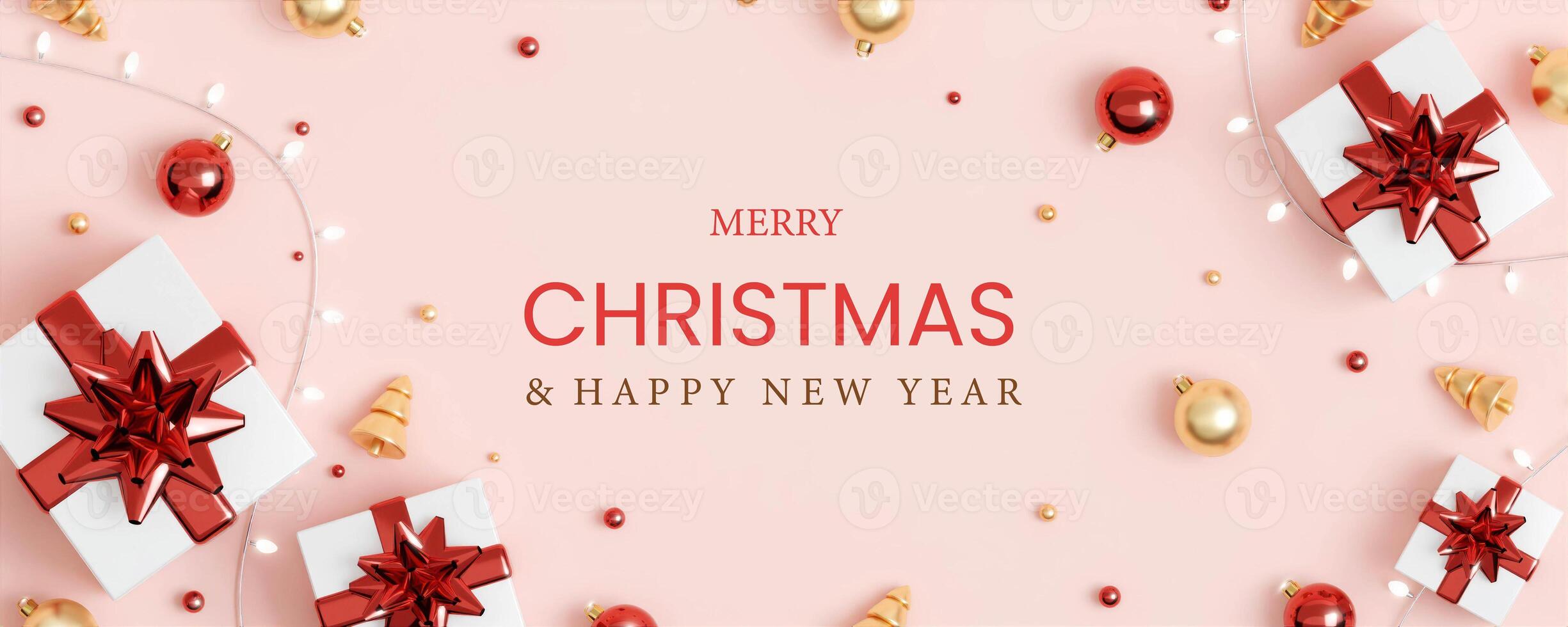 Christmas banner. Background Xmas design of sparkling lights garland, with realistic gifts box, glitter gold confetti. Horizontal New Year poster, greeting card, header, website. 3d render photo