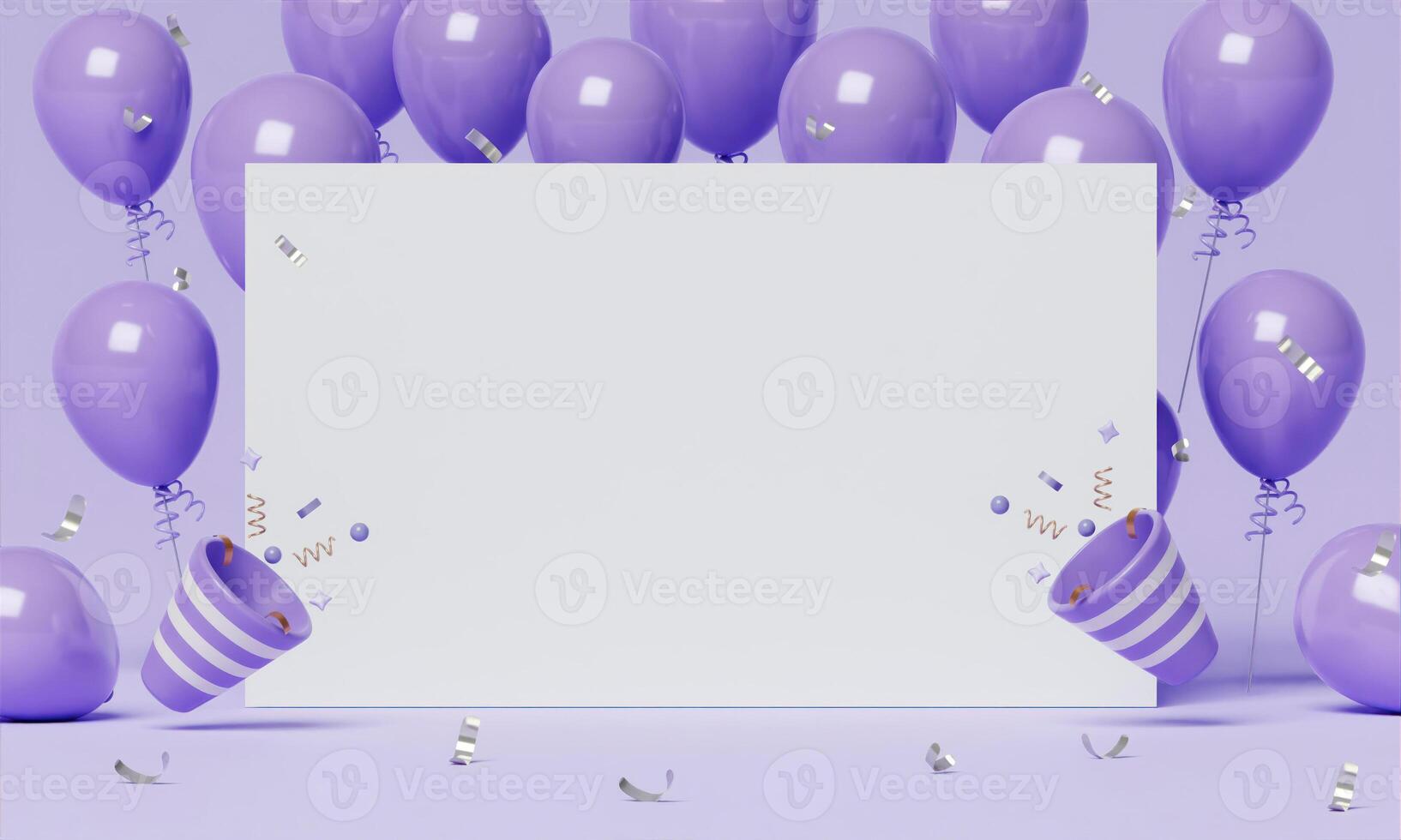 Purple balloons and white paper on purple background. Empty space for happy new year, party, promotion social media banners, posters, 3d render illustration. photo