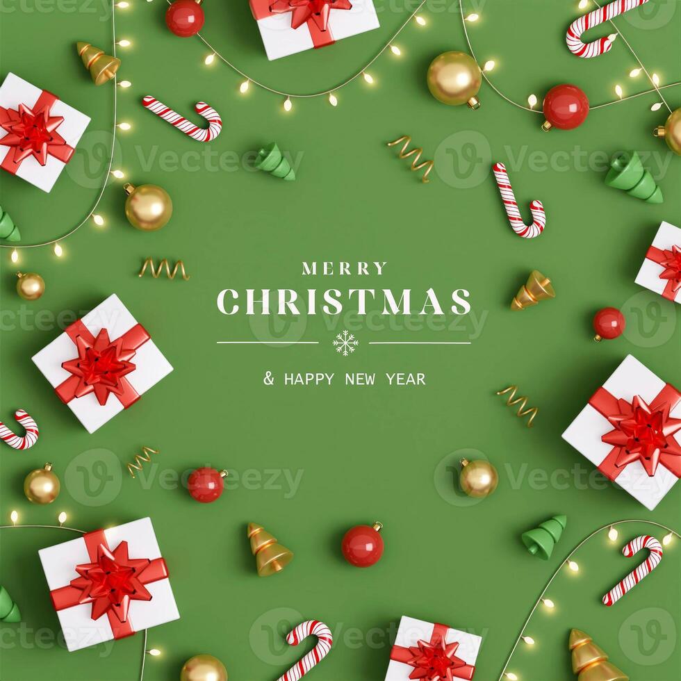 Christmas with decoration ornaments elements on green background. Realistic 3d design. Bright Christmas and New Year background light garlands, gold confetti. 3D illustration photo