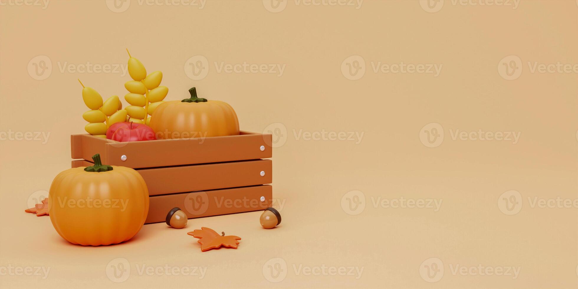3d Autumn season fruit with basket. concept of autumn, winter and outdoors. copy space text, 3D rendering photo