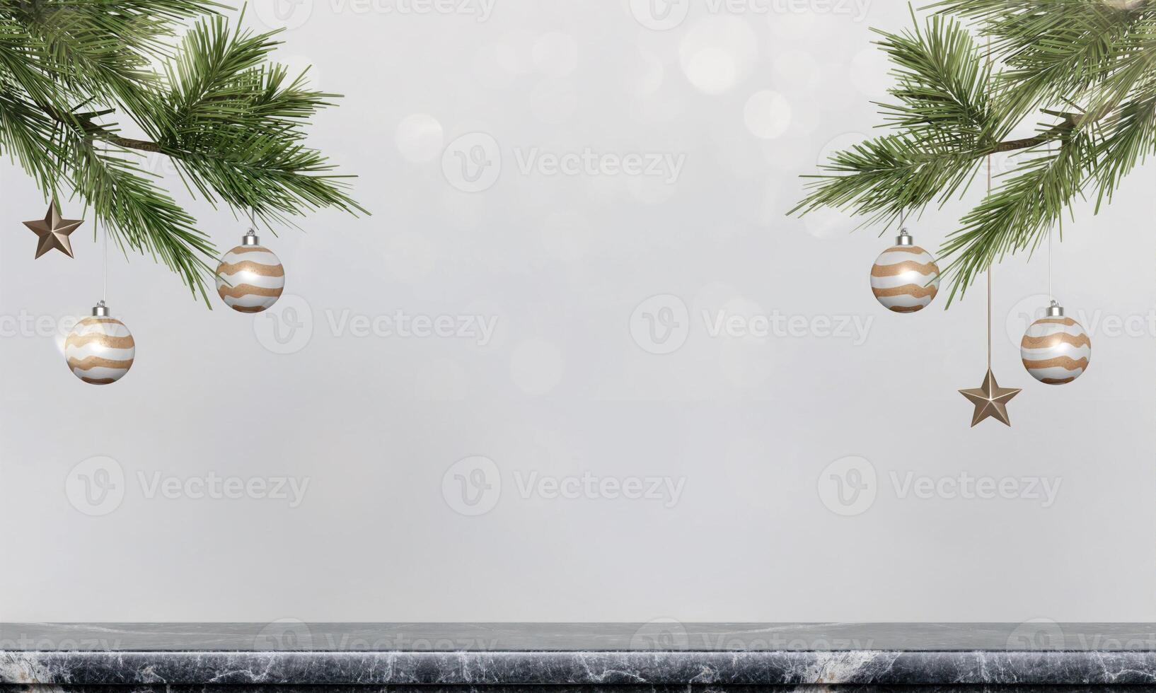 Christmas interior wall mockup with hanging pine branches with holiday decorations above rustic marble shelf on empty white background. 3D rendering, illustration. photo