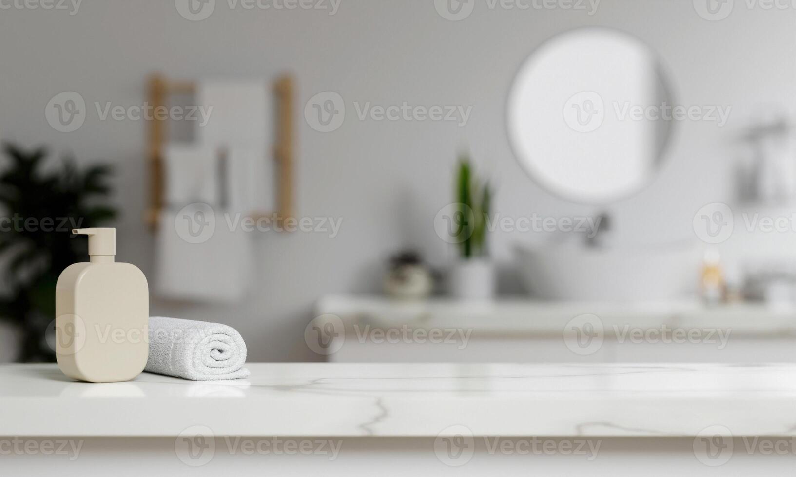 Soap dispenser and spa towel on table top with blurred bathroom interior background. for product display montage.3d render photo