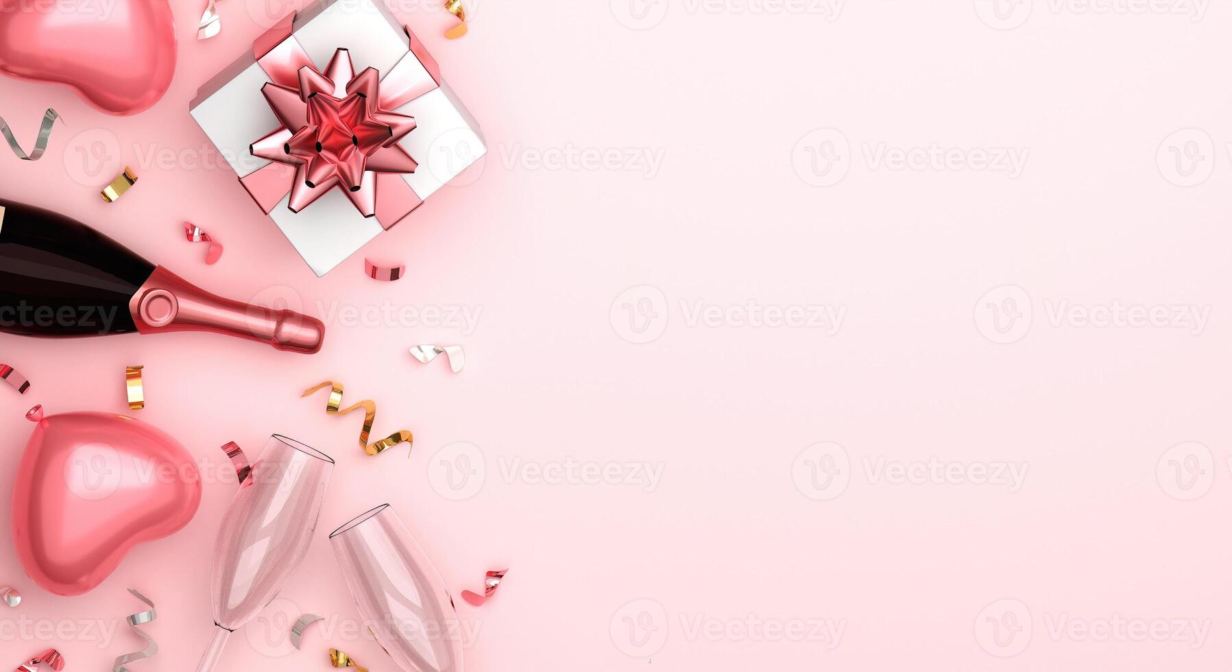 Happy Valentines day background with text copy space with realistic heart balloon, champagne and rose gold confetti. Top view. 3D rendering illustration photo