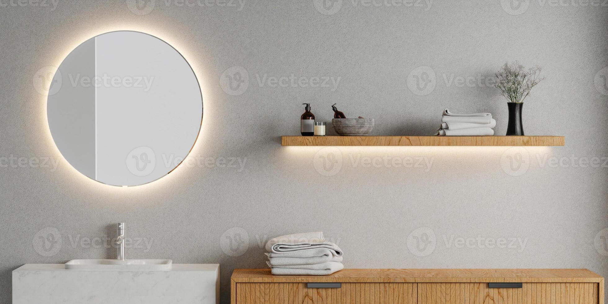 3D render an empty counter with ceramic washbasin and modern style faucet in a bathroom. Blank space for products display mockup. Background, Wall tiles. photo