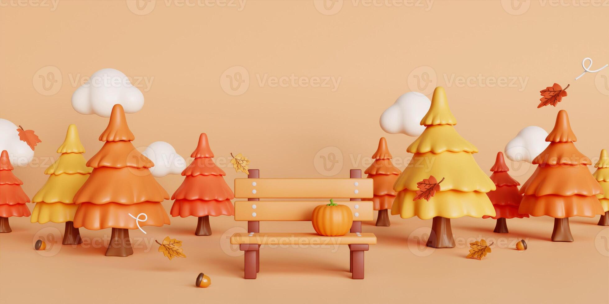 3d Autumn with fallen leaves, bench and pine tree. concept of autumn, winter and outdoors. copy space text, 3D rendering photo