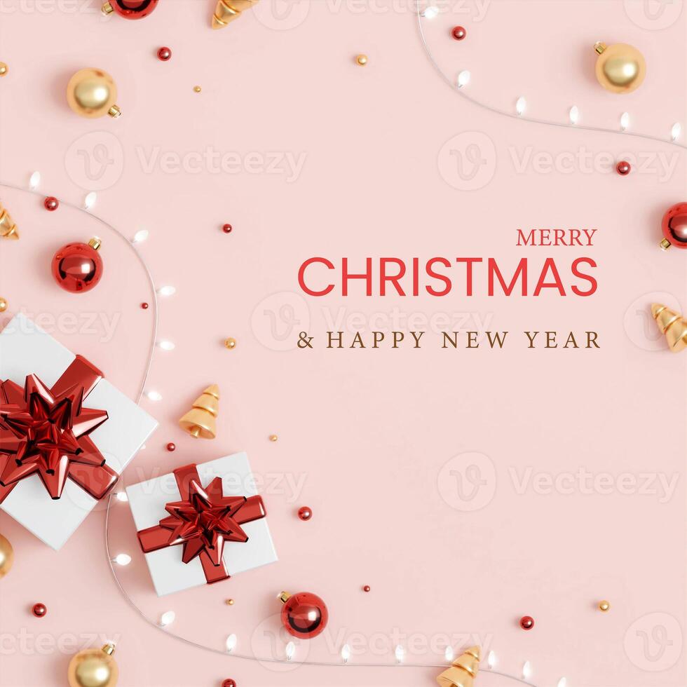 Christmas banner. Background Xmas design of sparkling lights garland, with realistic gifts box, glitter gold confetti. square New Year poster, greeting card, header, website. 3d render photo