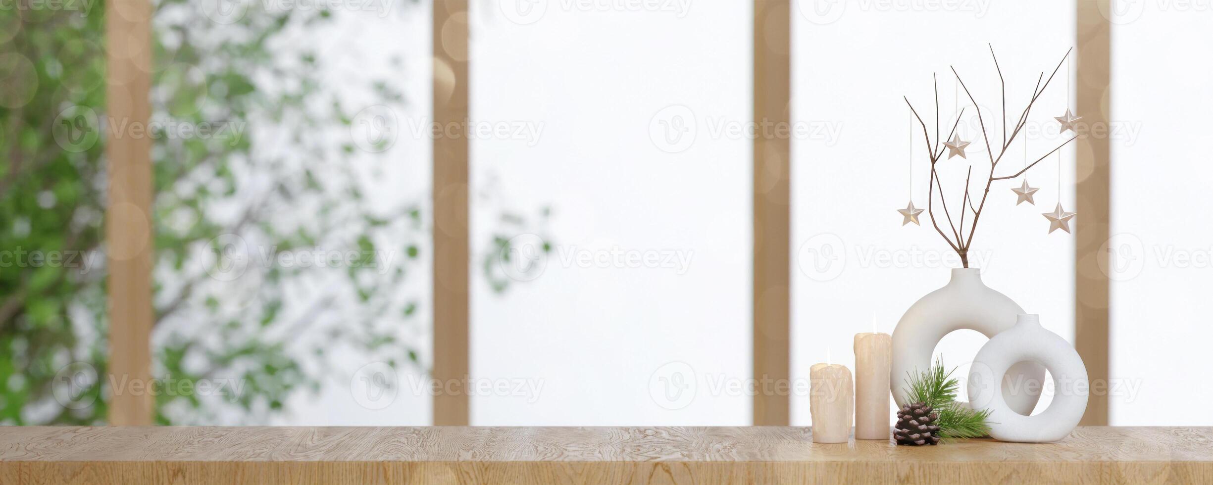 Christmas interior wall mockup with hanging pine branches with holiday decorations above rustic marble shelf on empty white background. 3D rendering, illustration. photo