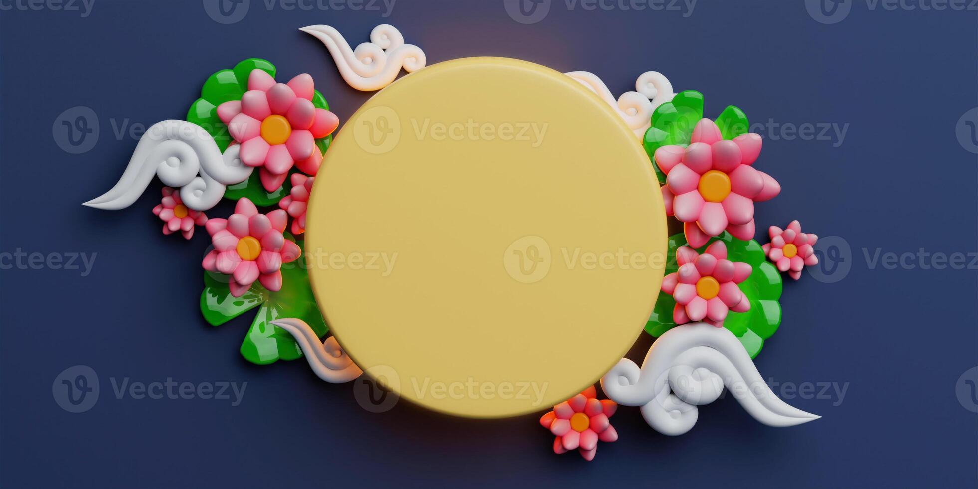 3d cute moon and lotus on dark blue background. Chinese palace aside. Translation. Happy mid autumn festival. 3d render photo