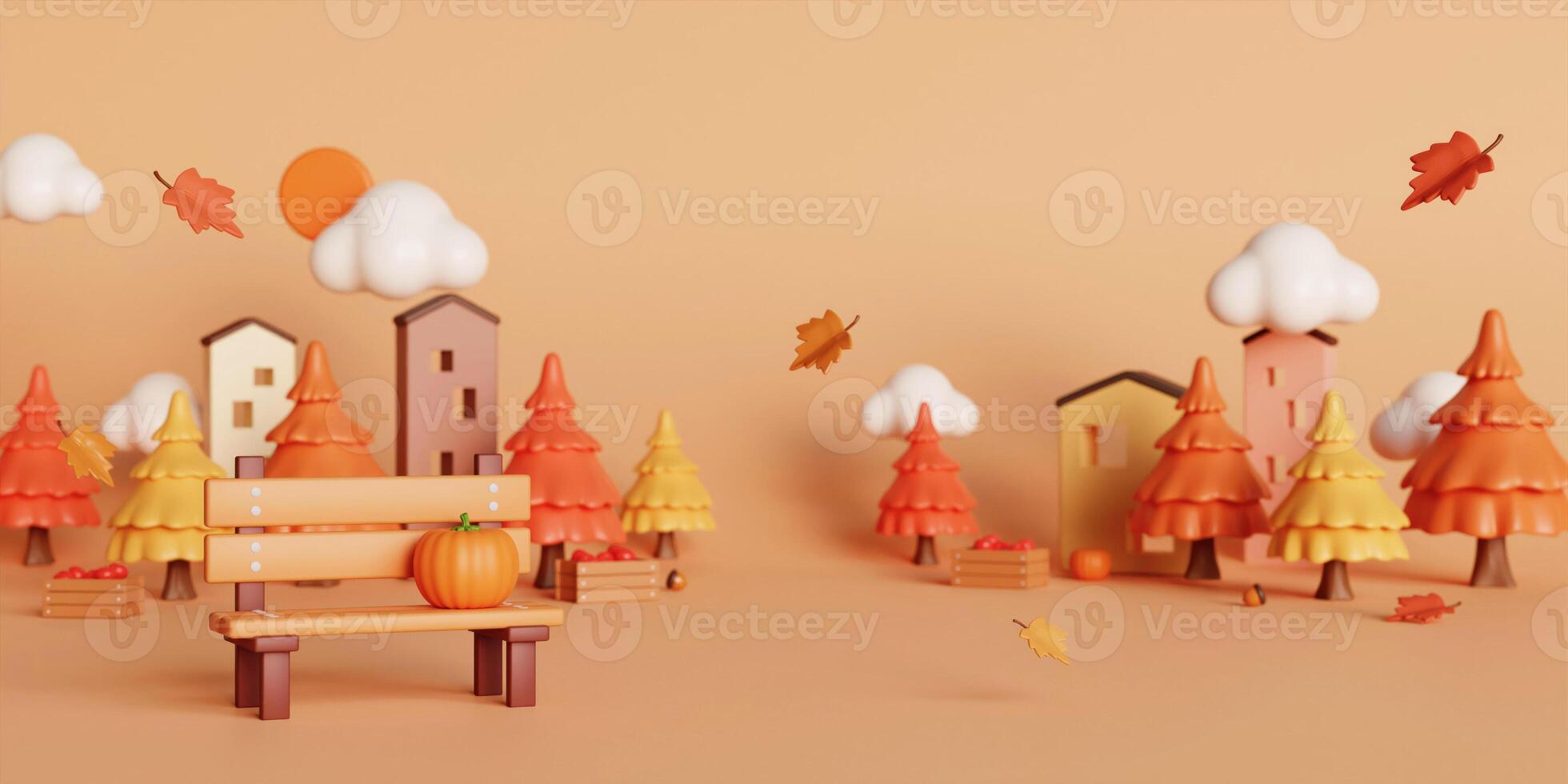 3d Autumn with fallen leaves, bench and pine tree. concept of autumn, winter and outdoors. copy space text, 3D rendering photo