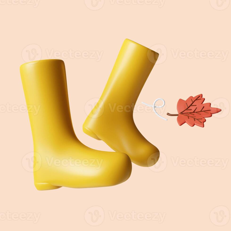 3d Autumn boot . Golden fall. Season decoration. icon isolated on gray background. 3d rendering illustration. Clipping path. photo