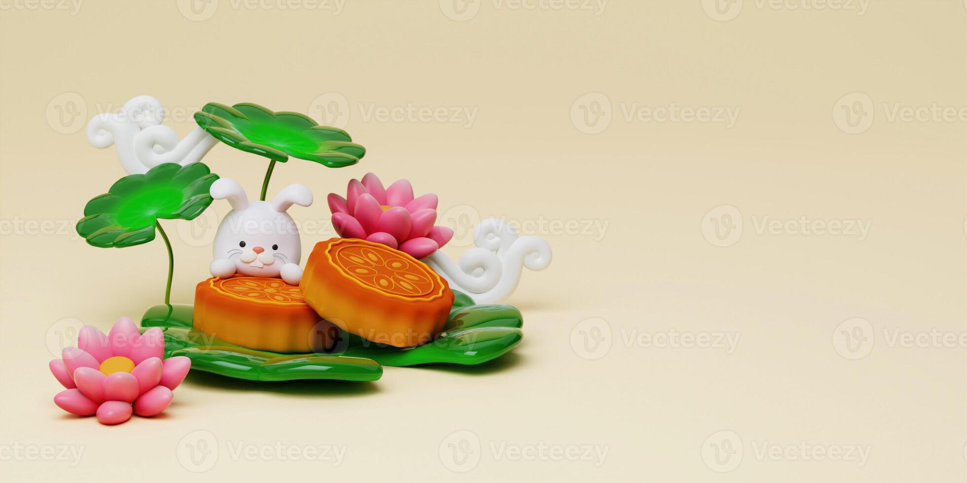 3d cute rabbits on baked mooncake with lotus and cloud on yellow background. Chinese palace aside. Translation. Happy mid autumn festival. 3d render photo