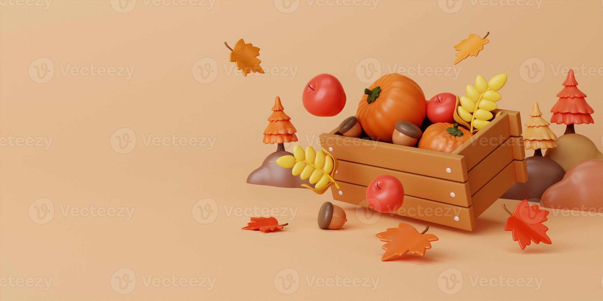 3d Autumn season fruit with basket. concept of autumn, winter and outdoors. copy space text, 3D rendering photo