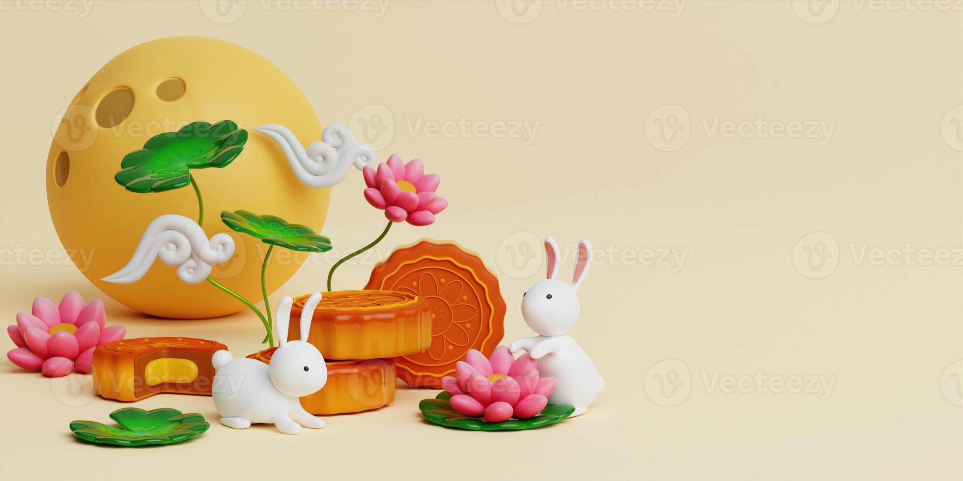 3d cute rabbits and baked mooncake with lotus, full moon on yellow background. Chinese palace aside. Translation. Happy mid autumn festival. 3d render photo