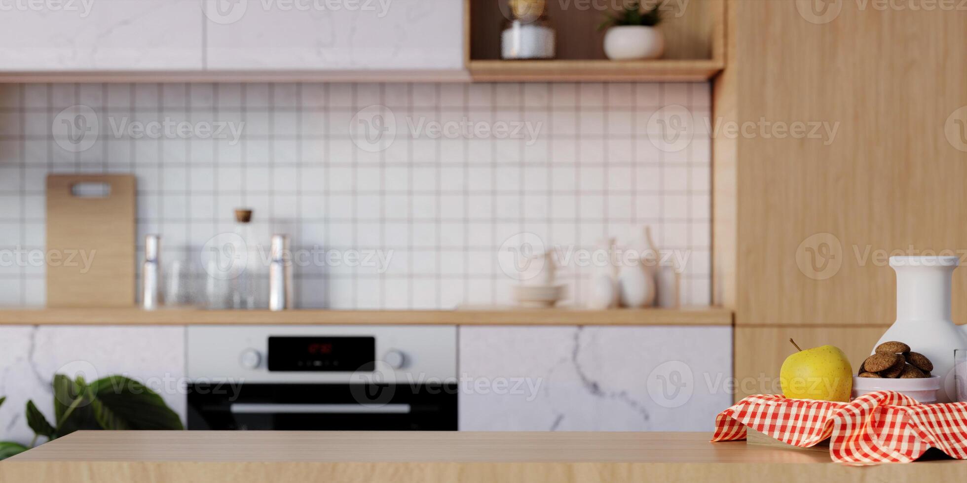 Stylish top tabletop on wooden platform with copy space at blurry kitchen utensils and dishes on light wall background. 3D render illustration photo