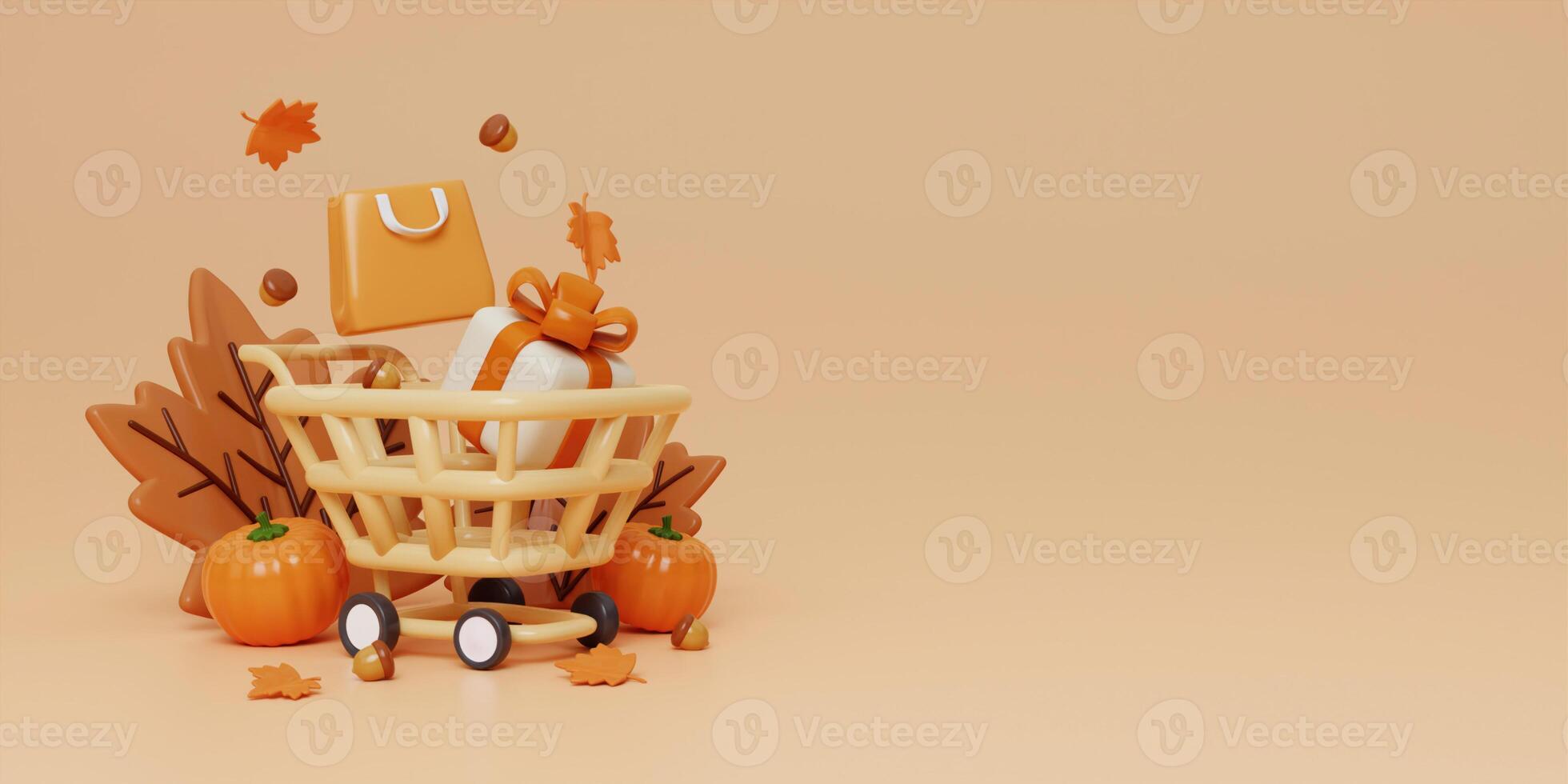 Autumn sale decoration background with basket shopping cart, gift box, bag, leaves, copy space text, 3D rendering photo