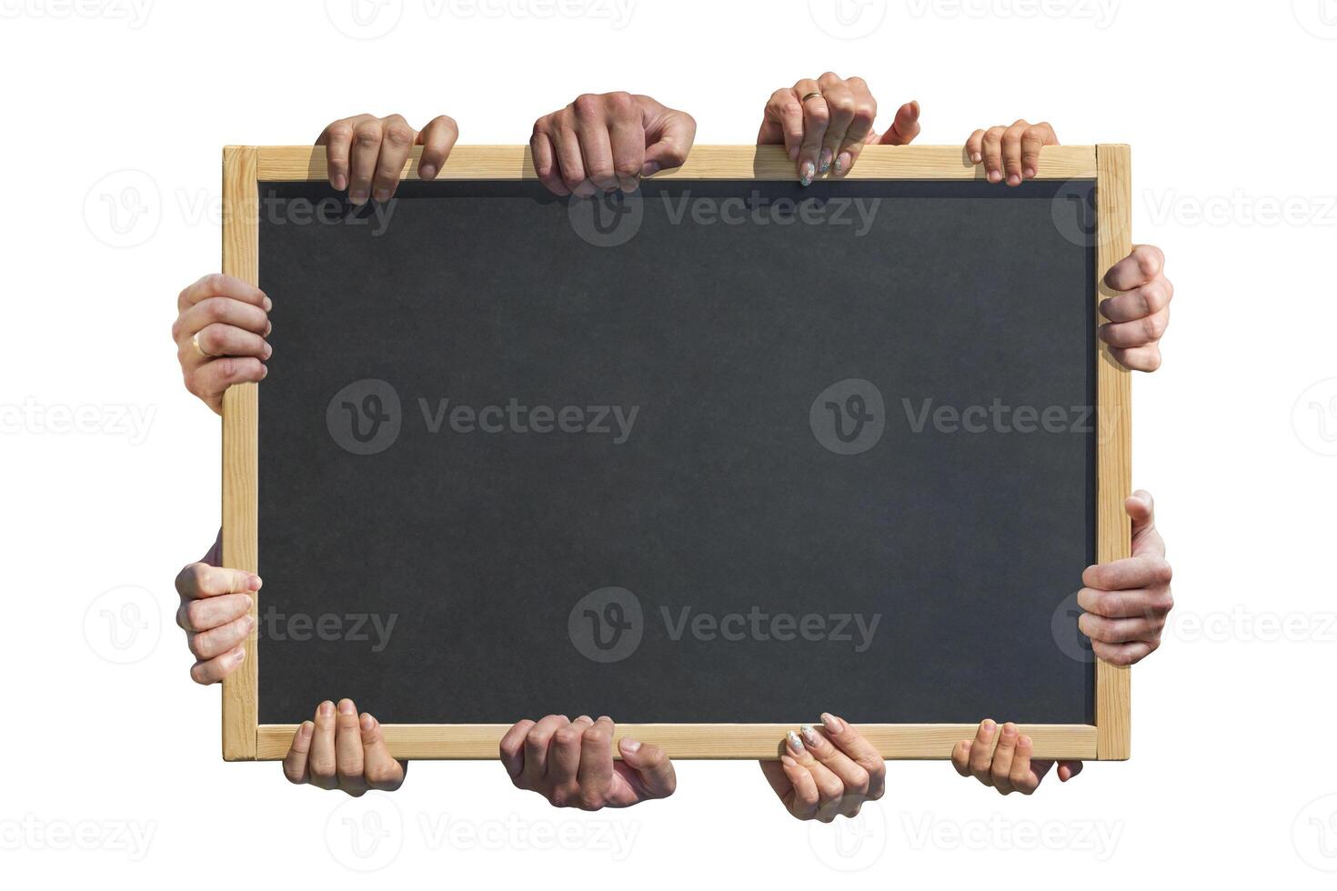 Many hands hold a blank poster for advertising on an isolated white background photo