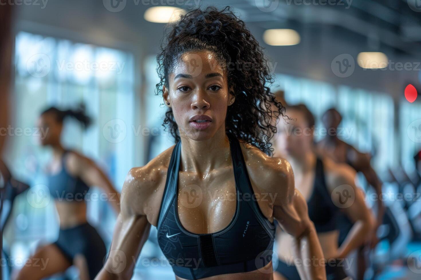Intense HIIT Session with Determined Woman in Modern Gym Setting, Perfect for Fitness Motivation Posters photo