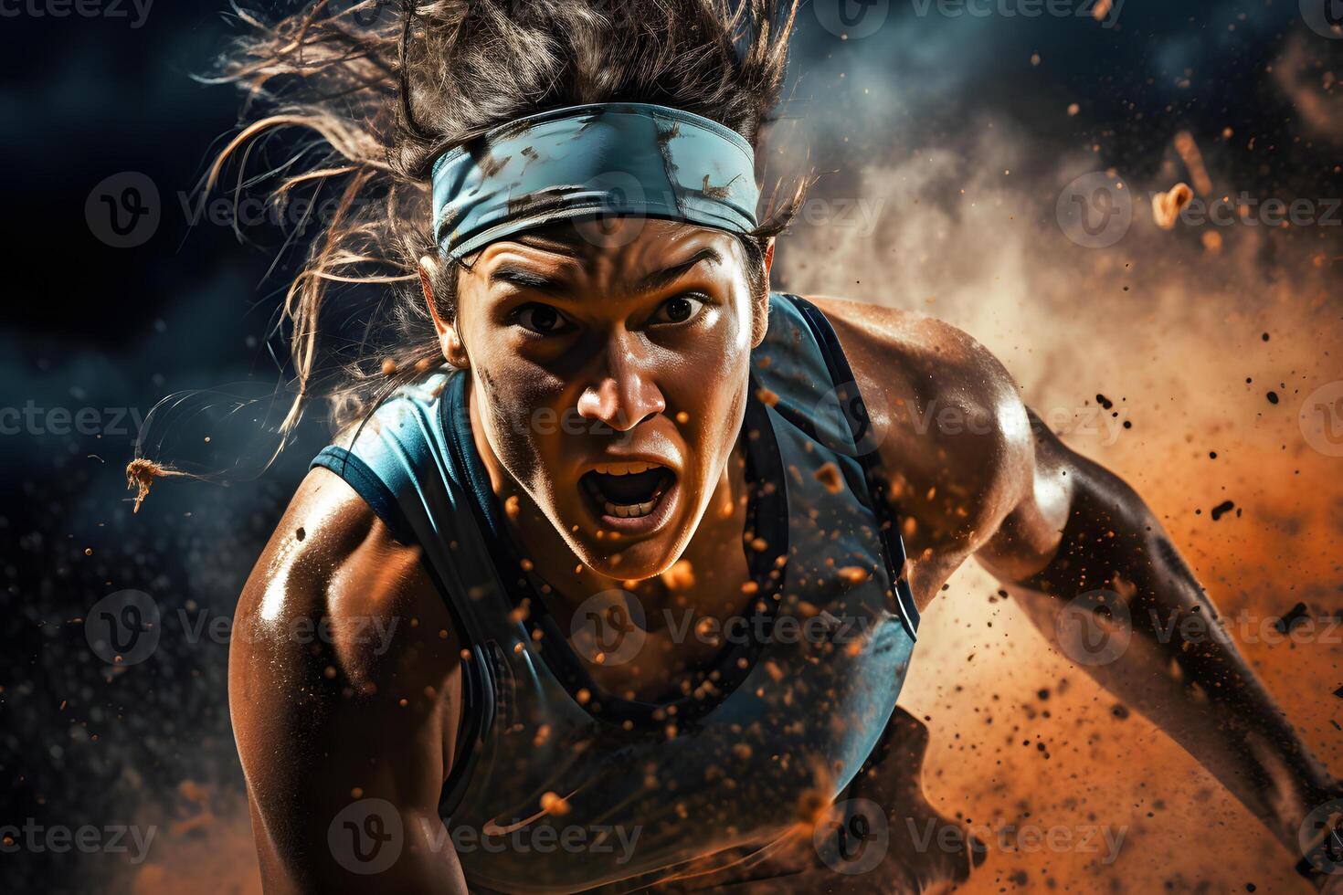 A fictional character with a headband is jogging in the dark dirt photo