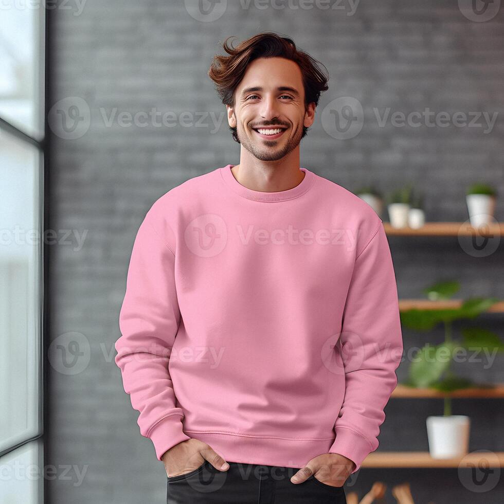 smiling european man in pink sweater mockup art photo