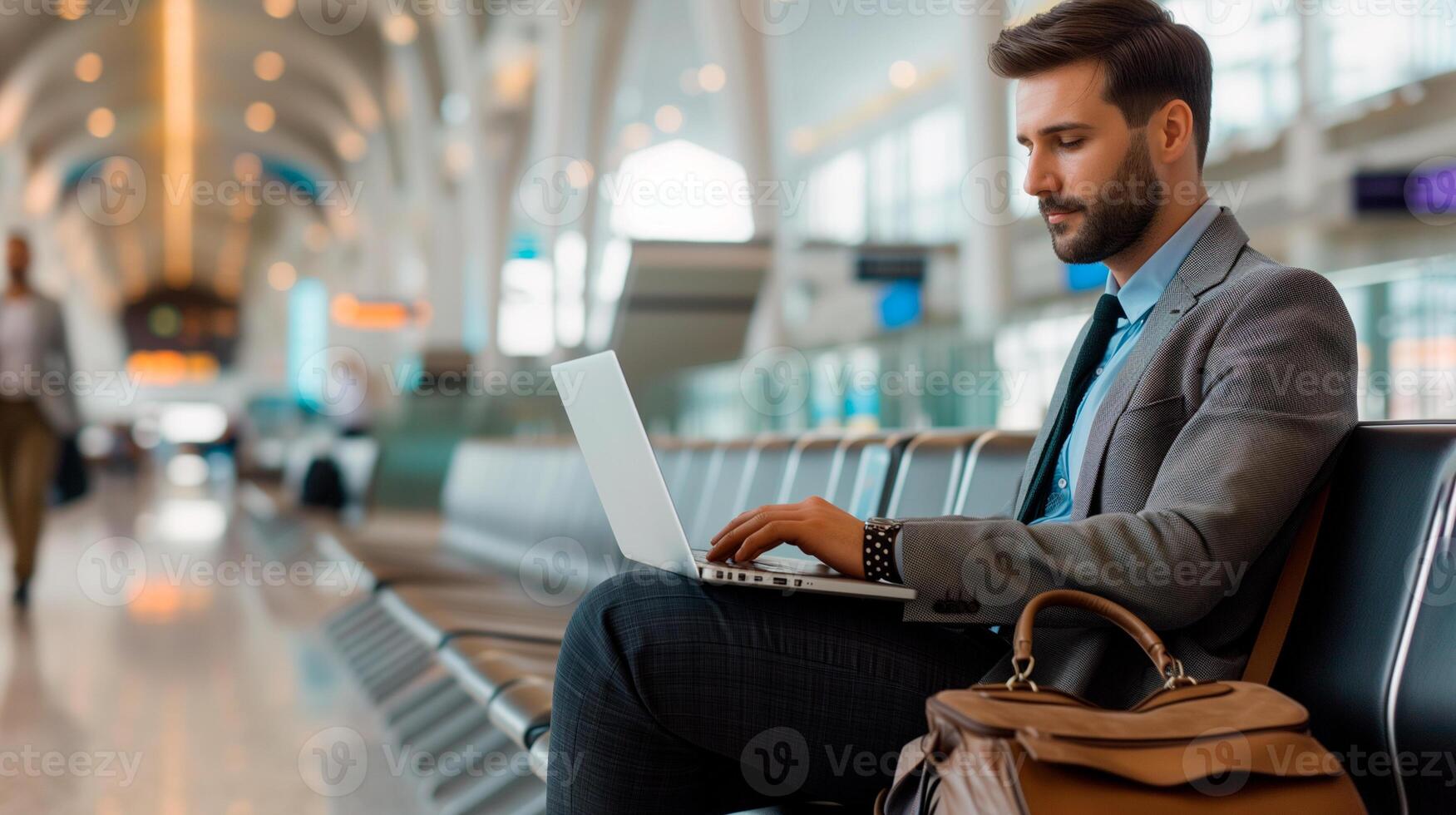 Businessman in a stylish gray business suit working on the laptop at the airport waiting lounge. Entrepreneur working at waiting room in airport terminal while waiting for his flight. photo
