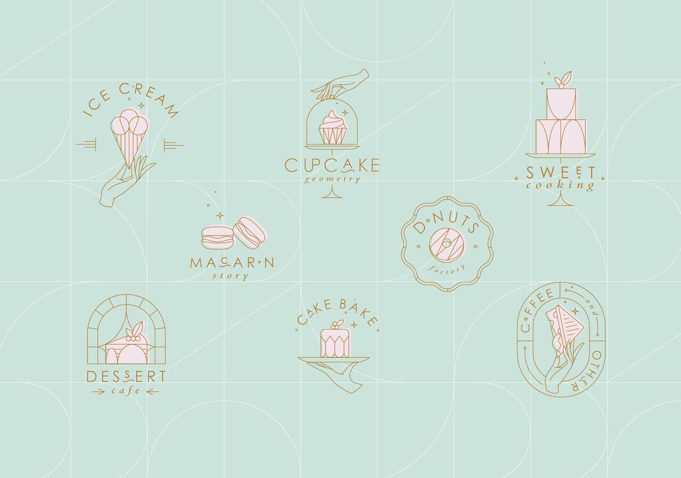 Bakery dessert labels with lettering in art deco style drawing on turquoise background vector